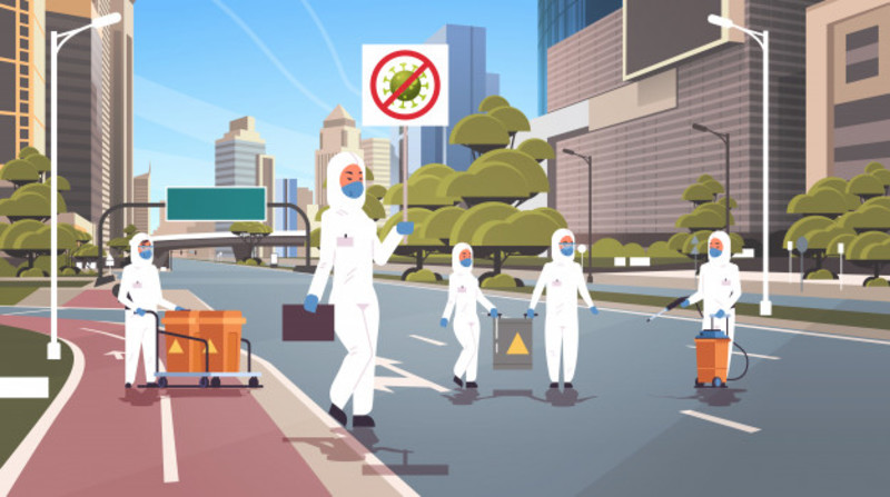 Scientists Hazmat Suits Holding Stop Coronavirus Banner People Cleaning Disinfecting Epidemic Virus Empty City Street Wuhan Pandemic Health Risk Full Length Horizontal 48369 23133