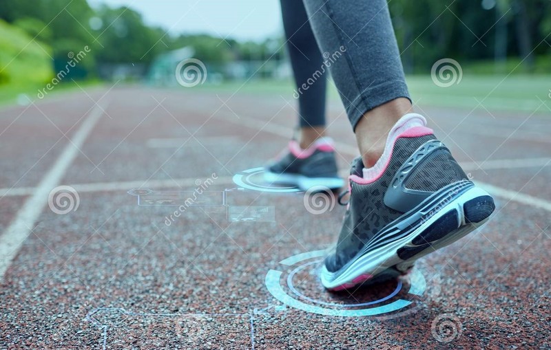 Close Up Woman Feet Running Track Back Fitness Sport Training People Lifestyle Concept Futuristic Holograms 54724231