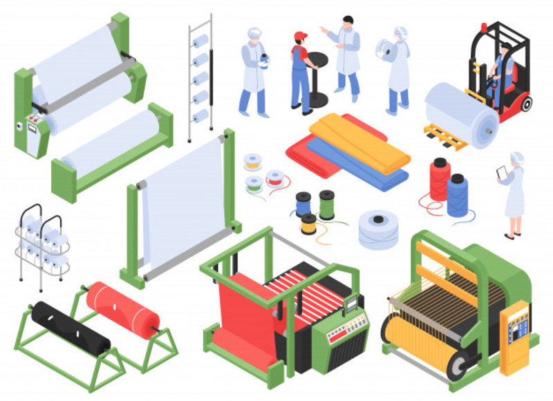 Set Isometric Textile Factory Production Isolated S With Industrial Machinery Storage Facilities Personnel Characters 1284 2775
